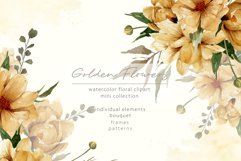 Watercolor Golden Flowers Clipart, Bouquet, Frame PNG Product Image 1