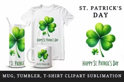 Watercolor green shamrock clover luck Happy St Patrick Day quote print 20 oz tumbler skinny mug wrap clipart t-shirt sublimation printable design