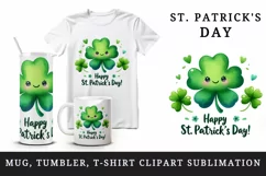 Watercolor green shamrock clover luck Happy St Patrick Day quote print 20 oz tumbler skinny mug wrap clipart t-shirt sublimation printable design
