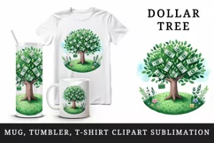Watercolor green tree leaves dollar bills money lush grass business print 20 oz tumbler skinny mug wrap clipart t-shirt sublimation printable design