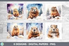 Bundle of six Watercolor Groundhogs Paper Backgrounds designs.