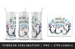 Watercolor group of penguins singing carols Merry Christmas quote print 20 oz tumbler skinny mug wrap clipart t-shirt sublimation printable design