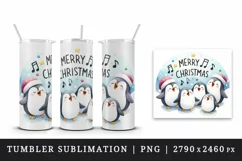 Watercolor group of penguins singing carols Merry Christmas quote print 20 oz tumbler skinny mug wrap clipart t-shirt sublimation printable design