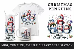 Watercolor group of penguins singing carols Merry Christmas quote print 20 oz tumbler skinny mug wrap clipart t-shirt sublimation printable design