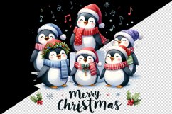 Watercolor group of penguins singing carols Merry Christmas quote print 20 oz tumbler skinny mug wrap clipart t-shirt sublimation printable design