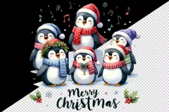 Watercolor group of penguins singing carols Merry Christmas quote print 20 oz tumbler skinny mug wrap clipart t-shirt sublimation printable design