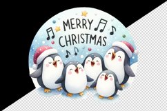 Watercolor group of penguins singing carols Merry Christmas quote print 20 oz tumbler skinny mug wrap clipart t-shirt sublimation printable design