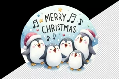 Watercolor group of penguins singing carols Merry Christmas quote print 20 oz tumbler skinny mug wrap clipart t-shirt sublimation printable design