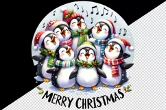 Watercolor group of penguins singing carols Merry Christmas quote print 20 oz tumbler skinny mug wrap clipart t-shirt sublimation printable design