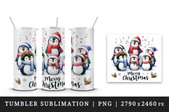 Watercolor group of penguins singing carols Merry Christmas quote print 20 oz tumbler skinny mug wrap clipart t-shirt sublimation printable design