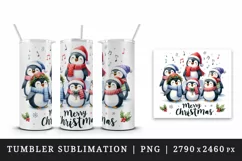 Watercolor group of penguins singing carols Merry Christmas quote print 20 oz tumbler skinny mug wrap clipart t-shirt sublimation printable design