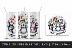 Watercolor group of penguins singing carols Merry Christmas quote print 20 oz tumbler skinny mug wrap clipart t-shirt sublimation printable design