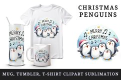 Watercolor group of penguins singing carols Merry Christmas quote print 20 oz tumbler skinny mug wrap clipart t-shirt sublimation printable design