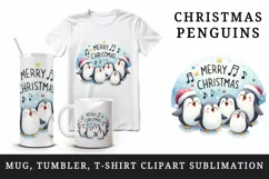 Watercolor group of penguins singing carols Merry Christmas quote print 20 oz tumbler skinny mug wrap clipart t-shirt sublimation printable design