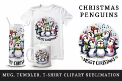 Watercolor group of penguins singing carols Merry Christmas quote print 20 oz tumbler skinny mug wrap clipart t-shirt sublimation printable design