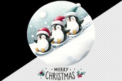 Watercolor group penguins festive hat snow hill Merry Christmas quote print 20 oz tumbler skinny mug wrap clipart t-shirt sublimation printable design