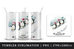 Watercolor group penguins festive hat snow hill Merry Christmas quote print 20 oz tumbler skinny mug wrap clipart t-shirt sublimation printable design