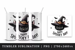 Watercolor halloween black cat witch hat Happy Spooky Day quote print 20 oz tumbler skinny mug wrap clipart t-shirt sublimation printable design