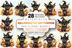 Watercolor Halloween Cat Bat Pumpkin Clipart Bundle Product Image 1