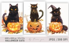Cute watercolor Halloween cat with pumpkin - 3 jpeg files Product Image 1
