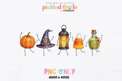 Cute Halloween character PNG featuring a pumpkin, witch hat, vintage lantern, candy corn and potion bottle arranged together in one cheerful horizontal design.