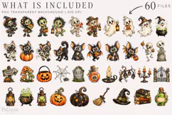 Whimsical Halloween clipart bundle featuring watercolor ghosts, pumpkins, witches, black cats, skeletons, bats, haunted houses and spooky elements on transparent backgrounds.