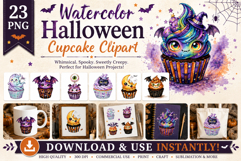 Watercolor Halloween Cupcake Clipart Bundle PNG Files Product Image 1