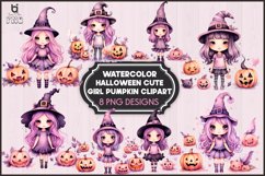 Watercolor Halloween Cute Girl Pumpkin Sublimation clipart Product Image 1