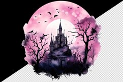 Watercolor Halloween dark scary night moon bats spooky castle haunted house 20oz tumbler skinny mug wrap clipart t-shirt sublimation printable design