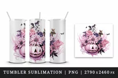 Watercolor Halloween floral pumpkin carving flowers roses Jack-o-lantern 20 oz tumbler skinny mug wrap clipart t-shirt sublimation printable design