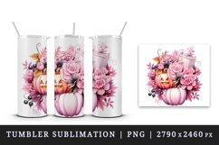 Watercolor Halloween floral pumpkin carving flowers roses Jack-o-lantern 20 oz tumbler skinny mug wrap clipart t-shirt sublimation printable design