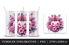 Watercolor Halloween floral pumpkin carving flowers roses Jack-o-lantern 20 oz tumbler skinny mug wrap clipart t-shirt sublimation printable design