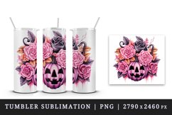 Watercolor Halloween floral pumpkin carving flowers roses Jack-o-lantern 20 oz tumbler skinny mug wrap clipart t-shirt sublimation printable design