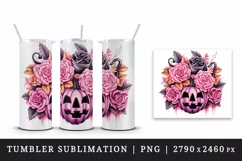 Watercolor Halloween floral pumpkin carving flowers roses Jack-o-lantern 20 oz tumbler skinny mug wrap clipart t-shirt sublimation printable design