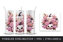 Watercolor Halloween floral pumpkin carving flowers roses Jack-o-lantern 20 oz tumbler skinny mug wrap clipart t-shirt sublimation printable design