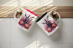Watercolor Halloween night pumpkins castle haunted house Jack-o-lantern 20 oz tumbler skinny mug wrap clipart t-shirt sublimation printable design