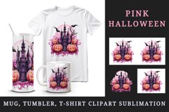 Watercolor Halloween night pumpkins castle haunted house Jack-o-lantern 20 oz tumbler skinny mug wrap clipart t-shirt sublimation printable design