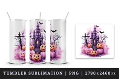 Watercolor Halloween night pumpkins castle haunted house Jack-o-lantern 20 oz tumbler skinny mug wrap clipart t-shirt sublimation printable design