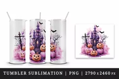 Watercolor Halloween night pumpkins castle haunted house Jack-o-lantern 20 oz tumbler skinny mug wrap clipart t-shirt sublimation printable design