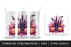 Watercolor Halloween night pumpkins castle haunted house Jack-o-lantern 20 oz tumbler skinny mug wrap clipart t-shirt sublimation printable design