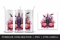 Watercolor Halloween night pumpkins castle haunted house Jack-o-lantern 20 oz tumbler skinny mug wrap clipart t-shirt sublimation printable design