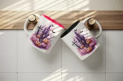 Watercolor Halloween night pumpkins castle haunted house Jack-o-lantern 20 oz tumbler skinny mug wrap clipart t-shirt sublimation printable design