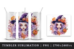 Watercolor Halloween witch hat girl flowers pumpkins autumn leaves print 20 oz tumbler skinny mug wrap clipart t-shirt sublimation printable design
