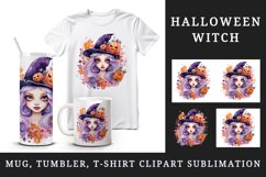 Watercolor Halloween witch hat girl flowers pumpkins autumn leaves print 20 oz tumbler skinny mug wrap clipart t-shirt sublimation printable design