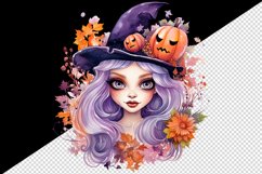 Watercolor Halloween witch hat girl flowers pumpkins autumn leaves print 20 oz tumbler skinny mug wrap clipart t-shirt sublimation printable design
