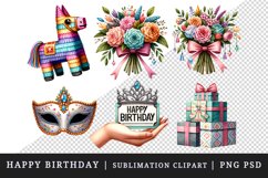 Watercolor happy birthday pinata bouquet flowers party mask tower of gifts tiara hand ticket clipart set t-shirt sublimation printable design bundle