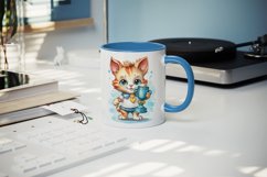 Watercolor happy cute sports cat running, lifting, weightlifting, archery, boxing, jogging on a treadmill, holding a medal or trophy, yoga, workout, training, tennis, golf wrap sublimation bundle for customize mug for champion and winner