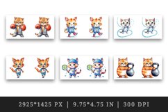 Watercolor happy cute sports cat running, lifting, weightlifting, archery, boxing, jogging on a treadmill, holding a medal or trophy, yoga, workout, training, tennis, golf wrap sublimation bundle for customize mug for champion and winner