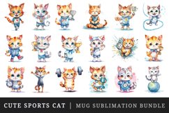 Watercolor happy cute sports cat running, lifting, weightlifting, archery, boxing, jogging on a treadmill, holding a medal or trophy, yoga, workout, training, tennis, golf wrap sublimation bundle for customize mug for champion and winner