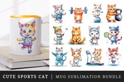 Watercolor happy cute sports cat running, lifting, weightlifting, archery, boxing, jogging on a treadmill, holding a medal or trophy, yoga, workout, training, tennis, golf wrap sublimation bundle for customize mug for champion and winner